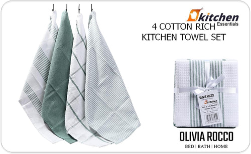 OLIVIA ROCCO Pack Of 4 Green Cotton Tea Towels 65x45 Cm High Absorbency Durable Super Soft Easy-Care Home Essential