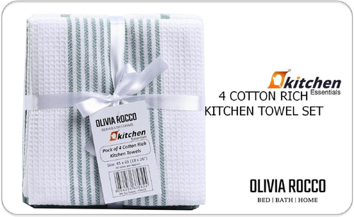 OLIVIA ROCCO Pack Of 4 Green Cotton Tea Towels 65x45 Cm High Absorbency Durable Super Soft Easy-Care Home Essential