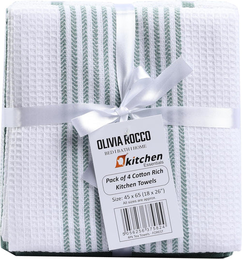 OLIVIA ROCCO Pack Of 4 Green Cotton Tea Towels 65x45 Cm High Absorbency Durable Super Soft Easy-Care Home Essential