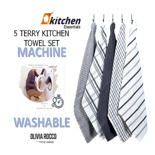 OLIVIA ROCCO 5 Pack Cotton Terry Kitchen Towels 45x65cm Super Absorbent Quick Drying