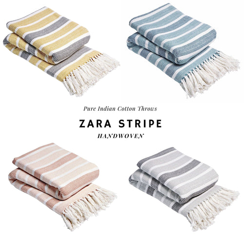 OLIVIA ROCCO Zara Striped Handwoven Pure Cotton Throw Blanket With Tassels Eco Friendly