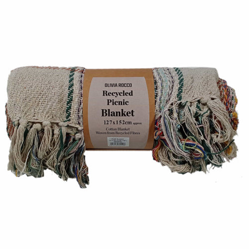 OLIVIA ROCCO Eco Friendly Recycled Cotton Picnic Blanket 130 x 150 cm Check Stripe Design