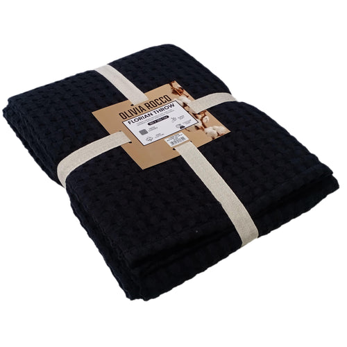 OLIVIA ROCCO Florian Checked Throw Blanket 100% Cotton Black Bedspread For Sofas
