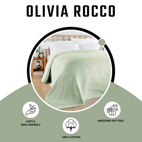 OLIVIA ROCCO Florian Checked Throw Blanket Sage Green 100% Cotton Bedspread For Sofas