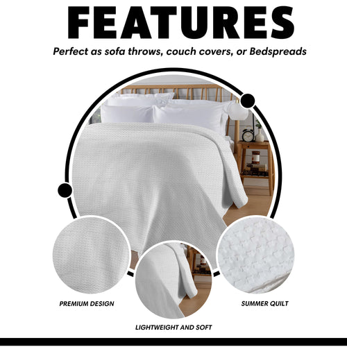 OLIVIA ROCCO Florian Checked Throw Blanket White 100% Cotton Bedspread For Sofa And Bed