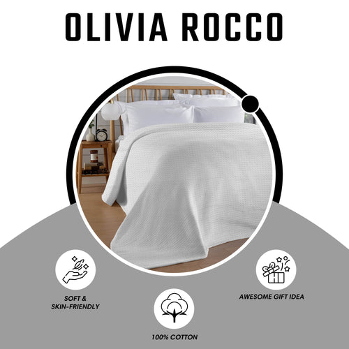 OLIVIA ROCCO Florian Checked Throw Blanket White 100% Cotton Bedspread For Sofa And Bed