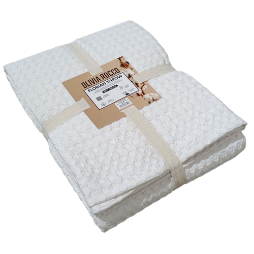 OLIVIA ROCCO Florian Checked Throw Blanket White 100% Cotton Bedspread For Sofa And Bed