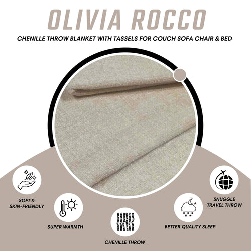OLIVIA ROCCO Chenille Tassel Throw Blanket for Couch Sofa Chair Bed All-Season Cosy Sofa and Bedroom Layering