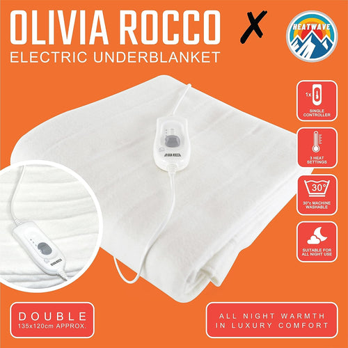 OLIVIA ROCCO Electric Heated Underblanket With 3 Heat Settings Overheat Protection Sizes