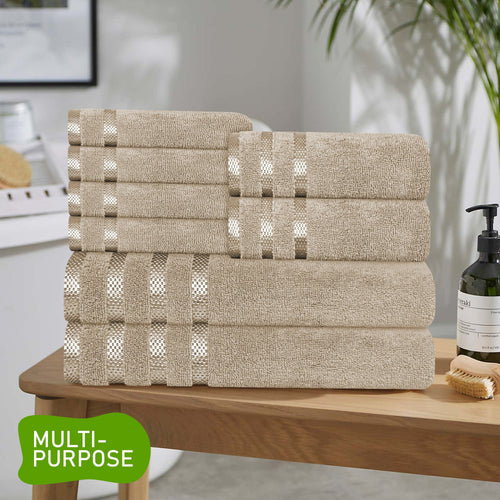 OLIVIA ROCCO Belmont Viscose Stripe Beige Towels 100% Cotton Hotel Quality Bath Towels