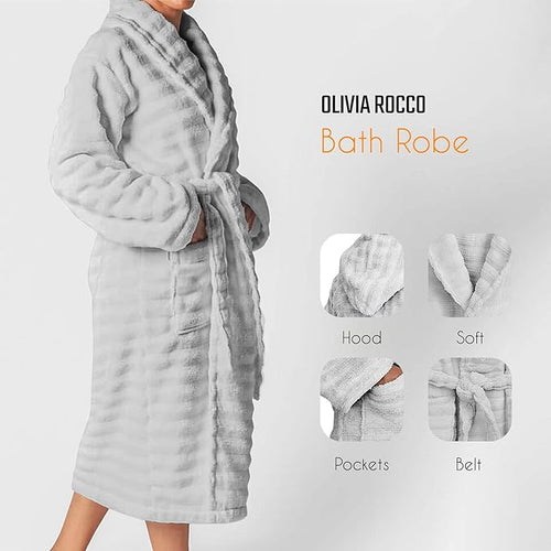 OLIVIA ROCCO Hydro Ribbed Ultra Soft 100% Cotton Hooded Bath Robe With Pockets And Belt