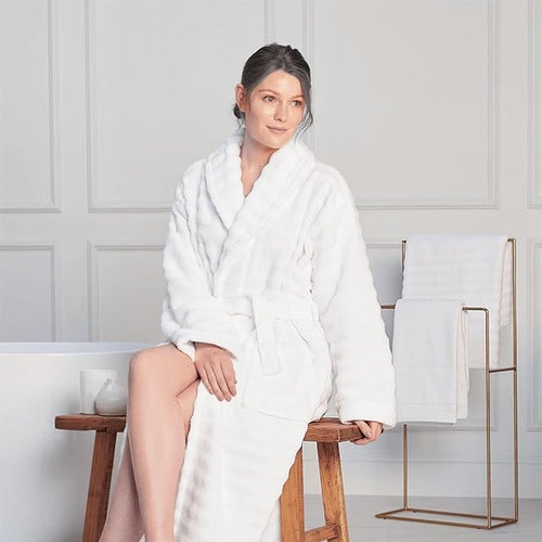 OLIVIA ROCCO Hydro Ribbed Ultra Soft 100% Cotton Hooded Bath Robe With Pockets And Belt