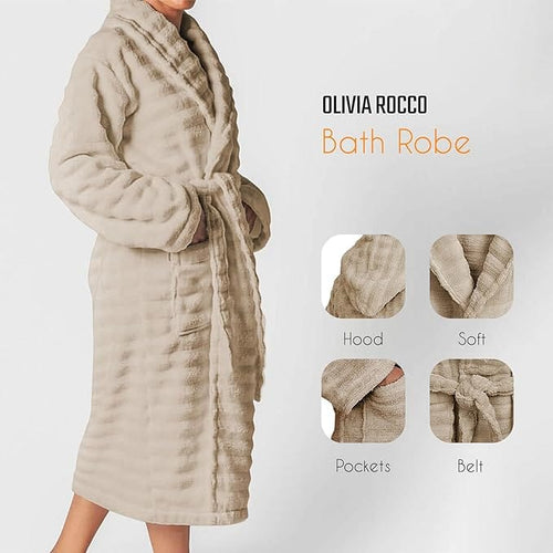 OLIVIA ROCCO Hydro Ribbed Ultra Soft 100% Cotton Hooded Bath Robe With Pockets And Belt