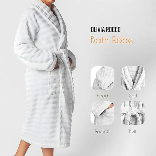 OLIVIA ROCCO Hydro Ribbed Ultra Soft 100% Cotton Hooded Bath Robe With Pockets And Belt