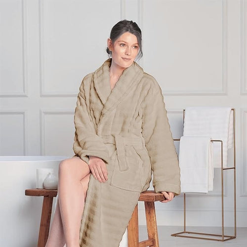 OLIVIA ROCCO Hydro Ribbed Ultra Soft 100% Cotton Hooded Bath Robe With Pockets And Belt