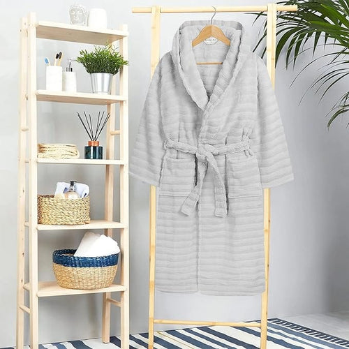 OLIVIA ROCCO Hydro Ribbed Ultra Soft 100% Cotton Hooded Bath Robe With Pockets And Belt