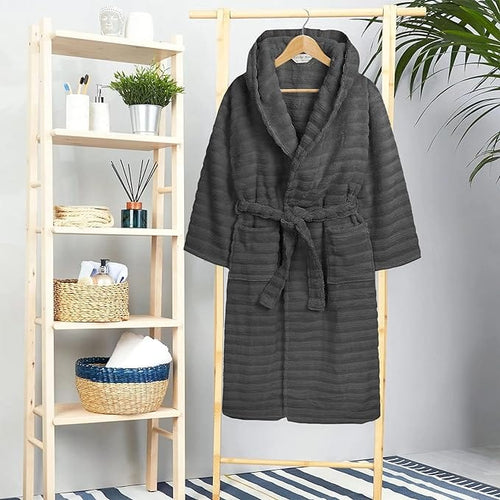 OLIVIA ROCCO Hydro Ribbed Ultra Soft 100% Cotton Hooded Bath Robe With Pockets And Belt