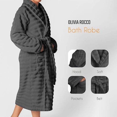 OLIVIA ROCCO Hydro Ribbed Ultra Soft 100% Cotton Hooded Bath Robe With Pockets And Belt
