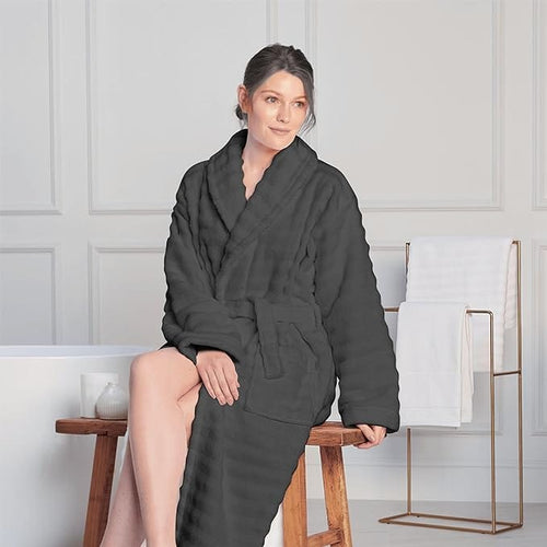 OLIVIA ROCCO Hydro Ribbed Ultra Soft 100% Cotton Hooded Bath Robe With Pockets And Belt