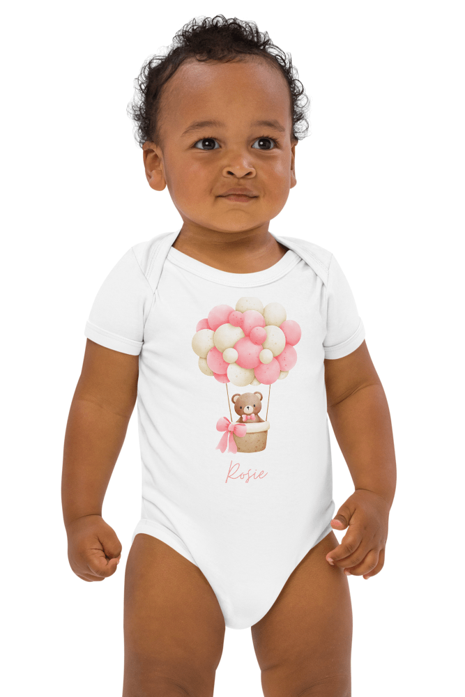 Personalised Name Bear Pink Hot Air Baloon Bodysuit