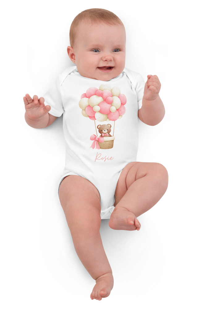 Personalised Name Bear Pink Hot Air Baloon Bodysuit
