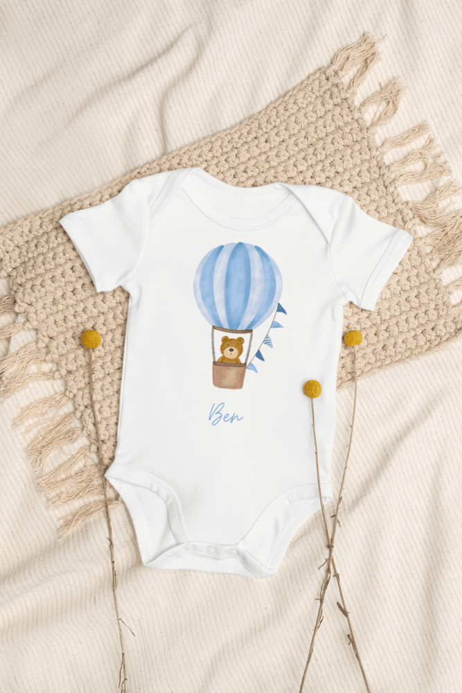 Personalised Name Bear Blue Hot Air Baloon Bodysuit