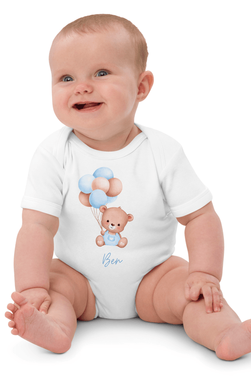 Personalised Name Bear Blue Baloon Bodysuit