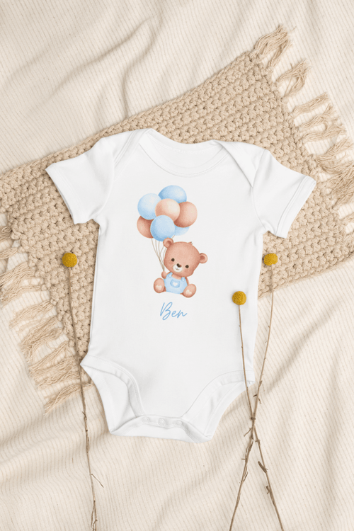 Personalised Name Bear Blue Baloon Bodysuit