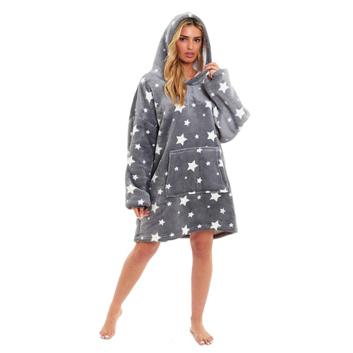 Daisy Dreamer Oversized Hooded Blanket Grey Stars Ultra Soft Sherpa Fur Lining Multipack Value Everyday Essential