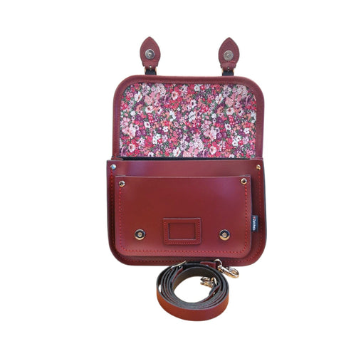 Floral Lined Leather Midi Satchel - Oxblood