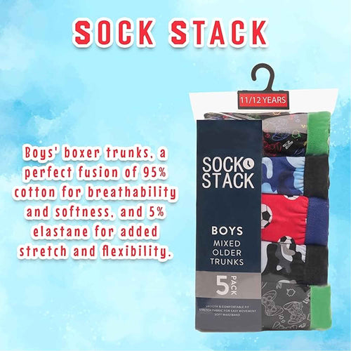 Sock Stack Pack Of 5 Boys Boxer Shorts Cotton Rich Football Army Gamer Designs Elastic