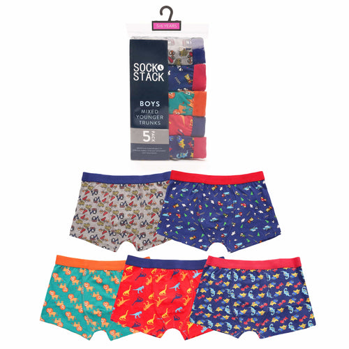Sock Stack Pack Of 5 Boys Boxer Shorts For Kids Fun Prints Elastic Waistband Everyday Cotton Rich Multipack