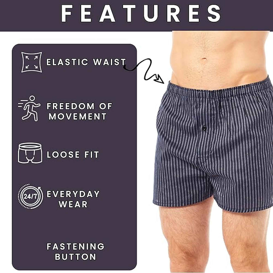 Sock Stack Men's Woven Boxers 6 Pack Loose Fit Comfort Waistband Cotton Mix Multipack Cotton Rich Comfort Fit
