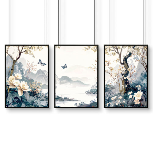 Paintings For Living Room | Set of 3 Chinoiserie Wall art Prints