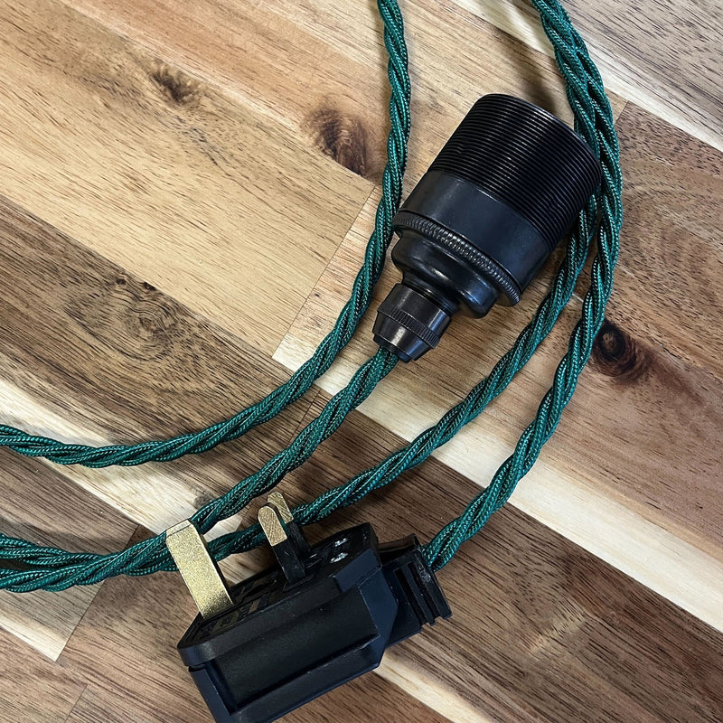 Green Plug-in Fabric Pendant - Twisted Fabric Flex - E27 Bulb Pendant - Black Plug