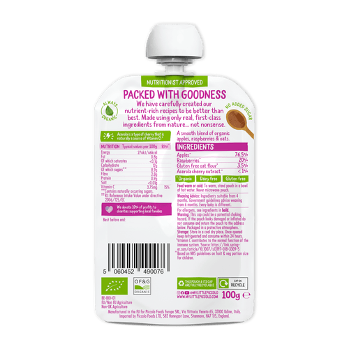 Piccolo Organic Apple & Raspberry Baby Food Pouch 100g 4m+