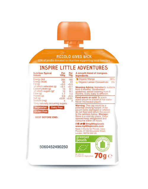 Piccolo Organic Pure Mango Baby Food Pouch 70g 4m+