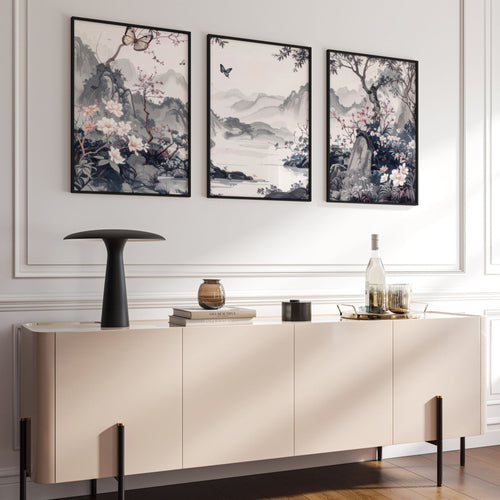 Picture Walls Living Room | Set of 3 Chinoiserie Wall art Prints