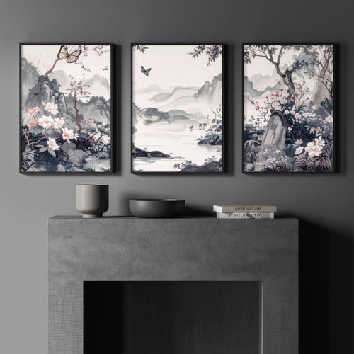 Picture Walls Living Room | Set of 3 Chinoiserie Wall art Prints