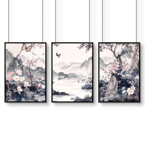Picture Walls Living Room | Set of 3 Chinoiserie Wall art Prints