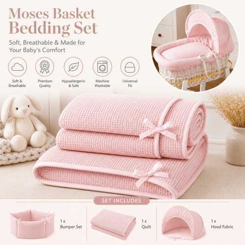Pink Waffle Moses Basket Bedding Set (Basket Not Included!)