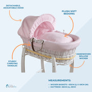 Pink Dimple Grey Wicker Baby Moses Basket With Stand