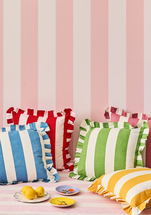Red Cabana Stripe Ruffled Cushion Cover