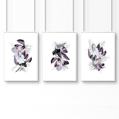Wall decor for bathrooms | Set of 3 Tropical Purple wall art