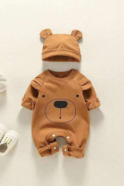 Bear Patch Romper, Hat - Brown or White