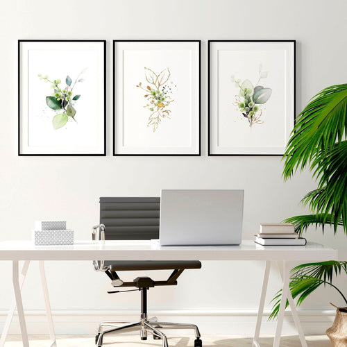 Set of 3 Botanical Prints Framed | Home Office Wall Art