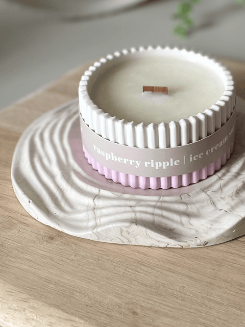 Raspberry Ripple Stoneware Soy Candle – Fruity Indulgent Scent