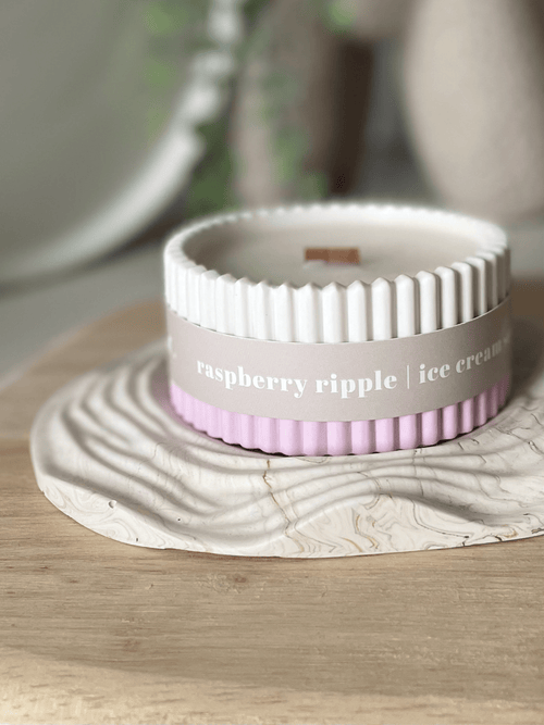 Raspberry Ripple Stoneware Soy Candle – Fruity Indulgent Scent