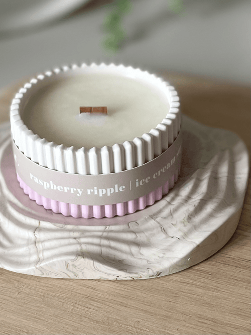 Raspberry Ripple Stoneware Soy Candle – Fruity Indulgent Scent