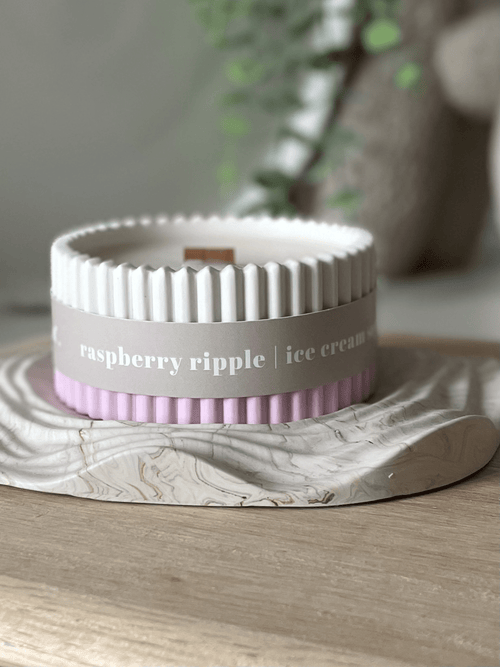 Raspberry Ripple Stoneware Soy Candle – Fruity Indulgent Scent